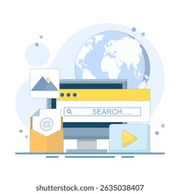 SEO conceito de otimização do mecanismo de pesquisa. encontrar, ou pesquisar, SEO, otimização do mecanismo de pesquisa, encontrar informações, sites de rastreamento, páginas de resultados principais do mecanismo de pesquisa.