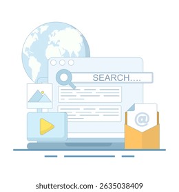 SEO conceito de otimização do mecanismo de pesquisa. encontrar, ou pesquisar, SEO, otimização do mecanismo de pesquisa, encontrar informações, sites de rastreamento, páginas de resultados principais do mecanismo de pesquisa.