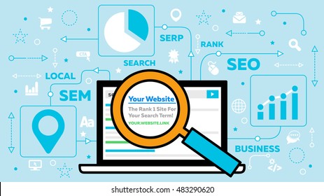 SEO - Search Engine Optimization - Concept with Laptop and Magnifying Glass - SEM, SERP, Local, Rank and Other SEO related Keywords