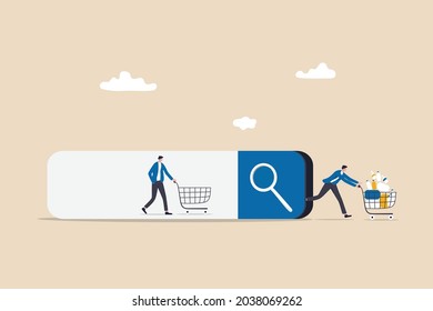 SEO, Search Engine Optimization, customer search online and buy from website, conversion rate concept, customer queue in search bar and checkout with full of purchased items in shopping cart.