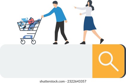 SEO, Search Engine Optimization, Customer search online and buy from website, Conversion rate, Customer queue in search bar and checkout, Purchased items in shopping cart

