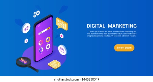 SEO or Search engine optimization. and digital media marketing flat isometric vector concept with icons