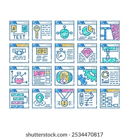seo search engine optimization doodle icons set vector. sketch line art seo copywriting and monitoring, content and analyzing, settings and links color illustrations