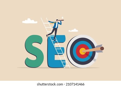 SEO, search engine optimization to drive traffic or visitor to website, improve search result ranking gain more visibility concept, businessman climb up ladder on the word SEO with arrow hit target.