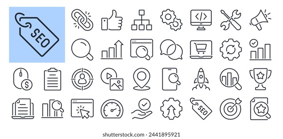 SEO Search Engine Optimization editable stroke outline icons set isolated on white background flat vector illustration. Pixel perfect. 64 x 64