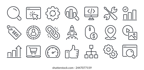 SEO Search Engine Optimization editable stroke outline icons set isolated on white background flat vector illustration. Pixel perfect. 64 x 64