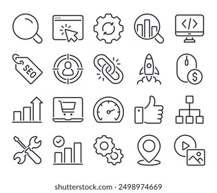 SEO Motor de búsqueda Optimización editable iconos de contorno de trazo conjunto aislado sobre fondo blanco Ilustración vectorial plana. Píxel perfecto. 64 x 64