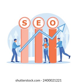 SEO Search Engine Optimization. Entrepreneurs optimize websites to promote ranking traffic on the website. SEO concept. trend modern vector flat illustration