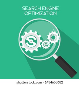 SEO Search Engine Optimization gears on magnifiying magnifier glass simple clean flat long shadow icon illustration