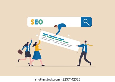 SEO, search engine optimization to help website reach top ranking in search result page, promote website or communication concept, businessman people help optimize website URL to 1st rank search bar.