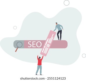 SEO, optimización de motores de búsqueda para ayudar al Sitio web a alcanzar el primer puesto en la página de resultados de búsqueda, promover el Sitio web o la comunicación concept.flat caracteres.