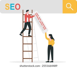 SEO, search engine optimization to help websites reach top ranking in search result page, promote website or communication concept, businessman help optimize website URL to 1st rank search bar.
