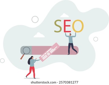 SEO, search engine optimization to help website reach top ranking in search result page, promote website or communication concept.flat characters.