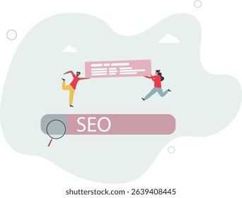 SEO, search engine optimization to help website reach top ranking in search result page, promote website or communication concept. character life .
