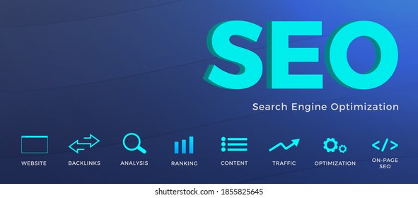 SEO (Search Engine Optimization) horizontal vector banner concept. Backlinks mass increase, Analysis and Audit, Website Ranking, Relevant quality content, Traffic flow signals, On-Page seo graph icons