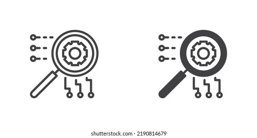 SEO, icono de optimización del motor de búsqueda, versión de línea y glifo, contorno y signo vectorial relleno. Vidrio y engranaje de aumento lineal y pictograma completo. Símbolo, ilustración del logotipo. Conjunto de iconos de estilo diferente