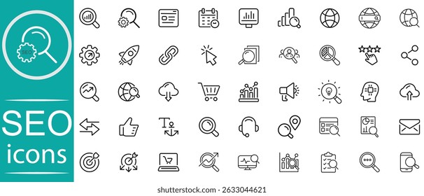 SEO, otimização do motor de busca ícone conjunto, vetor. Coleções de ícones de SEO. Símbolo e sinal de SEO, para aplicativo e site. ícones de estrutura de tópicos, ilustração vetorial.