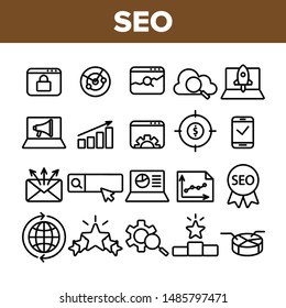 Seo Search Engine Optimization Icons Seo Vector Thin Line. Collection Of Different Seo Elements Infographic And Mail Message, Social Marketing Signs Linear Pictograms. Monochrome Contour Illustrations