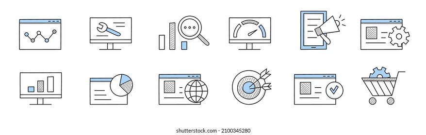 SEO, search engine optimization icons. Symbols of Internet marketing, digital content analysis and management. Vector hand drawn set of shopping cart, megaphone, computer screen with graph and target