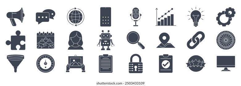 SEO or Search Engine Optimization icons set, Included icons as Bar Graph, Check Mark, People, Gear and more symbols collection, logo isolated vector illustration