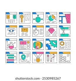 Seo Search Engine Optimization Icons Set Vector. Seo Copywriting And Monitoring, Content And Analyzing, Settings And Links Collection color Contour Illustrations