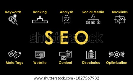 SEO, Search Engine Optimization illustration with icons set on black background. Header for website and social media: Keywords, Ranking, Backlinks, Meta tags, Directories, Optimization. Vector design