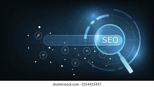 Optimización del motor de búsqueda (SEO). Tecnología de Internet para empresas. Concepto de optimización de motores de búsqueda (SEO) sobre fondo azul oscuro.	