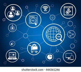 SEO, search engine optimization and internet concept in blue background