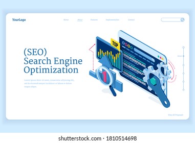 SEO search engine optimization isometric landing page. Technology for internet marketing and digital business content. Computer devices desktop with gears and analysis charts, 3d vector web banner