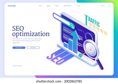 SEO search engine optimization isometric landing page. Technology for internet marketing and digital business content. Computer device desktop with traffic and analysis charts, 3d vector web banner