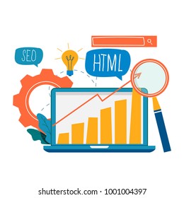 SEO, search engine optimization, keyword research, web site analytics service flat vector illustration. SEO concept. Web site coding, internet search optimization design for mobile and web graphics