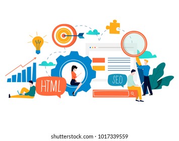 SEO, search engine optimization, keyword research, market research flat vector illustration. SEO concept. Web site coding, internet search optimization design for mobile and web graphics