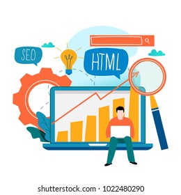 SEO, search engine optimization, keyword research, market research flat vector illustration. SEO concept. Web site coding, internet search optimization design for mobile and web graphics