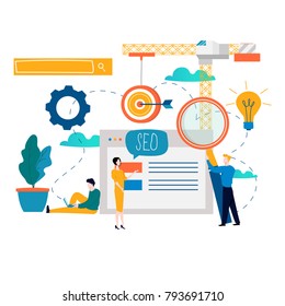 SEO, search engine optimization, keyword research, market research flat vector illustration. SEO concept. Web site coding, internet search optimization design for mobile and web graphics