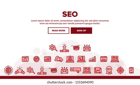 Seo Search Engine Optimization Landing Web Page Header Banner Template Vector. Of Different Seo Elements Infographic And Mail Message, Social Marketing Illustration