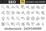 SEO and Search Engine Optimization Line Icon Set. Pixel perfect and Outline Editable Stroke Icons collection for Ranking, Keyword, website, Traffic, Analysis, growth and Digital Marketing