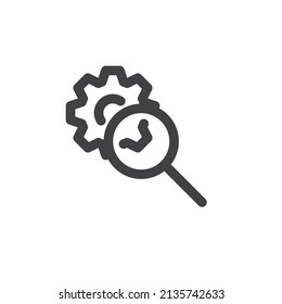 SEO, search engine optimization line icon. linear style sign for mobile concept and web design. Gear and magnifier outline vector icon. Symbol, logo illustration. Vector graphics