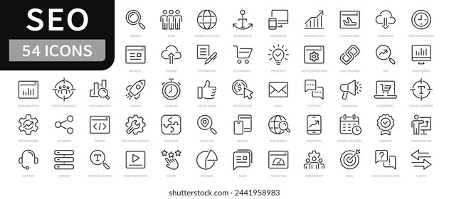 SEO - Suchmaschinenoptimierung Zeilensymbole gesetzt. SEO-Symbolvektor