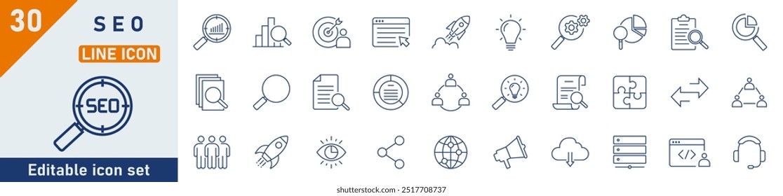 SEO - search engine optimization line icon set. Set of 30 outline icons related to seo, website, business, optimation and others. SEO outline icons collection. Vector illustration.