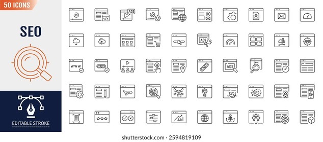 SEO (Search Engine Optimization) line icon set. Editable stroke. Containing as business and marketing, traffic, ranking, optimization, link, development, keyword, and more. Vector illustration