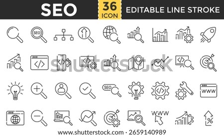 SEO and Search Engine Optimization Line Icon Set. Pixel perfect and Outline Editable Stroke Icons collection for Ranking, Keyword, website, Traffic, Analysis, growth and Digital Marketing