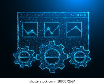 SEO Or Search Engine Optimization Low Poly Art. Web Page Tab, Gears And Analytics Polygonal Vector Illustration On A Blue Background.