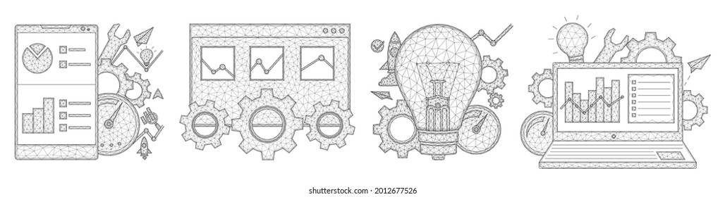 SEO, search engine optimization low poly design. Smartphone, laptop, browser tab, light bulb, gears, speedometer, statistical data polygonal vector illustration