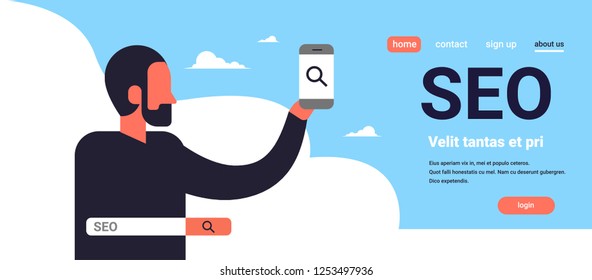 Seo search engine optimization man using smartphone internet searching concept process flat horizontal banner copy space vector illustration