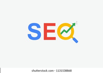 SEO (search engine optimization) minimal flat logo with magnifying glass, arrow and cursor symbol. multi color design.
