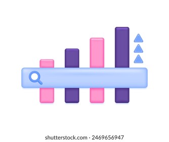 SEO or search engine optimization. most popular searches. trending topics. illustration of a rising bar graph with a search bar. symbol or icon. minimalist 3d illustration design. graphic elements
