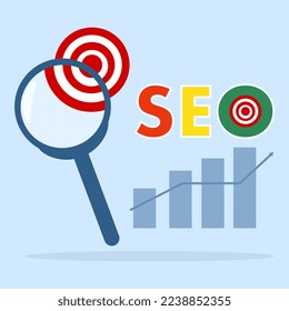 SEO, Search Engine Optimization ranking concept, arrow pointing to a magnifying glass with the abbreviation SEO letters, idea for promoting traffic to website