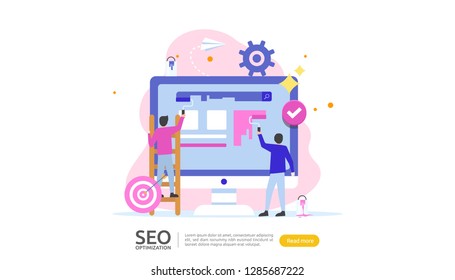 SEO Search engine optimization result concept. website ranking, advertising, strategy idea people character. web landing template, banner, presentation, social, and print media. Vector illustration
