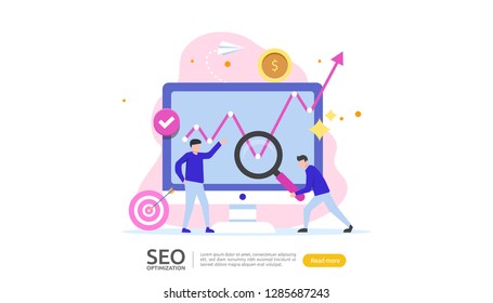 SEO Search engine optimization result concept. website ranking, advertising, strategy idea people character. web landing template, banner, presentation, social, and print media. Vector illustration