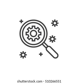 SEO, Search engine optimization symbol. magnifying glass and gear line icon, outline vector sign, linear pictogram isolated on white. logo illustration